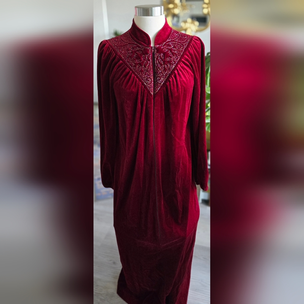 Sears At Home Wear Vtg 60s 70s 3/4 Zip Full Length Robe Burgundy Size M